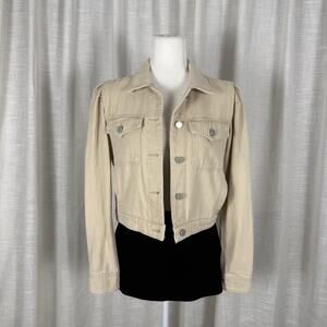 BLANKNYC Denim Jacket Womens XS Beige Rose Dust Button Front Cropped Puff Sleeve